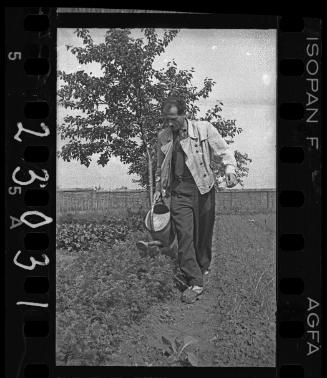 Man watering a vegetable garden