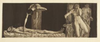 Zertretene-Leichnam und Frauenakt am Pfahl