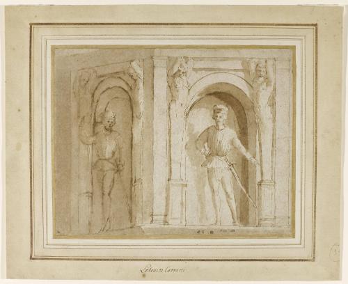 Two Men in Fifteenth Century Costume standing in niches framed by Terms