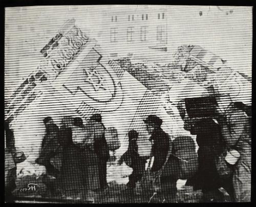 (In photomontage with synagogue in ruins) Boy in cap, with satchel and sack tied to back, walking with winter deportation crowd - side-profile