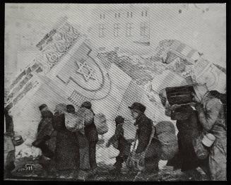 (In photomontage with synagogue in ruins) Boy in cap, with satchel and sack tied to back, walking with winter deportation crowd - side-profile