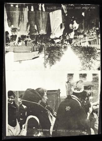 Two images on one sheet: Woman carrying blanket wrapped parcel on shoulders arriving at ghetto & crowd from behind