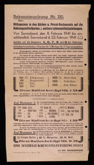 Announcement No. 210: Concerning lunch in the kitchen and private restaurants, food stamps and other food rations