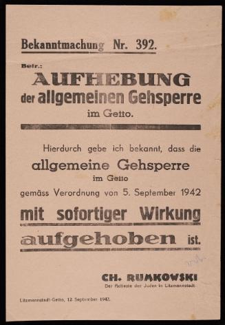 Announcement No. 392: Concerning cancellation of the general curfew in the ghetto