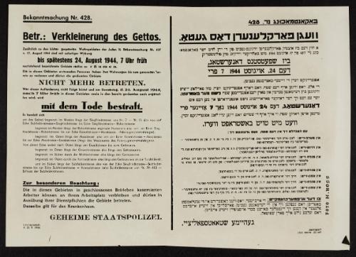 Announcement No. 428: Concerning the size reductions of the ghettos