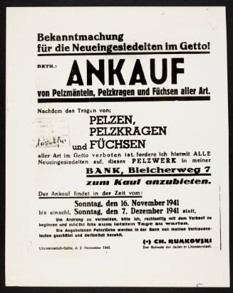 Announcement concerning the trading of fur coats, fur foxes and all kinds of garments, it is forbidden to wear fur coats, collars and garments in the Ghetto