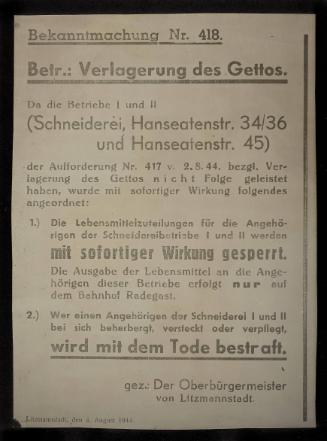 Announcement No. 418: Concerning the relocation of the ghetto population