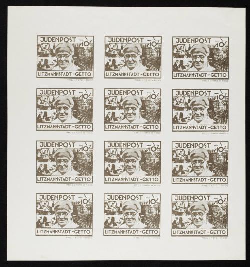 Judenpost Litzmannstadt Ghetto stamp 10pf - Sheet of 12 (of Chaim Rumkowski)