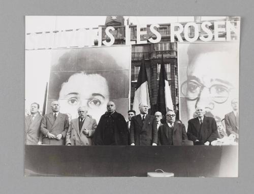Paris protest by distinguished figures, set against large photo portraits, against the sentencing of the Rosenbergs, 18 May 1953, Place de la Nation.