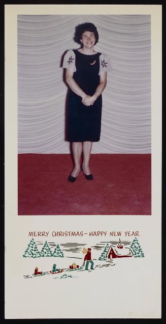 [Christmas card, Edith on the stage at Chevalier d'Eon, Hunter, NY]
