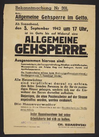Announcement No. 391: General curfew in ghetto