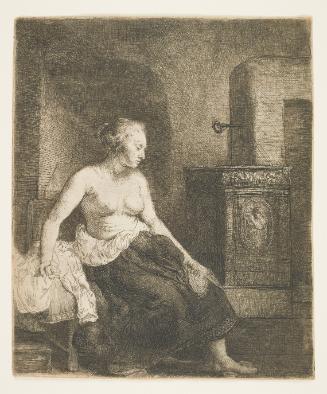 Woman Sitting Half Dressed Beside a Stove