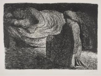 Kniende Mutter am Bette des schlafenden Sohns