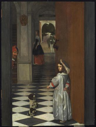 View into a Hall with a Jester, a Boy and his Dog